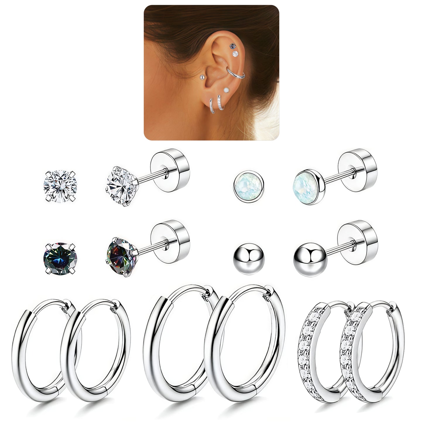 Surgical Steel Flat Back Earrings Set of 7 Hypoallergenic Earrings