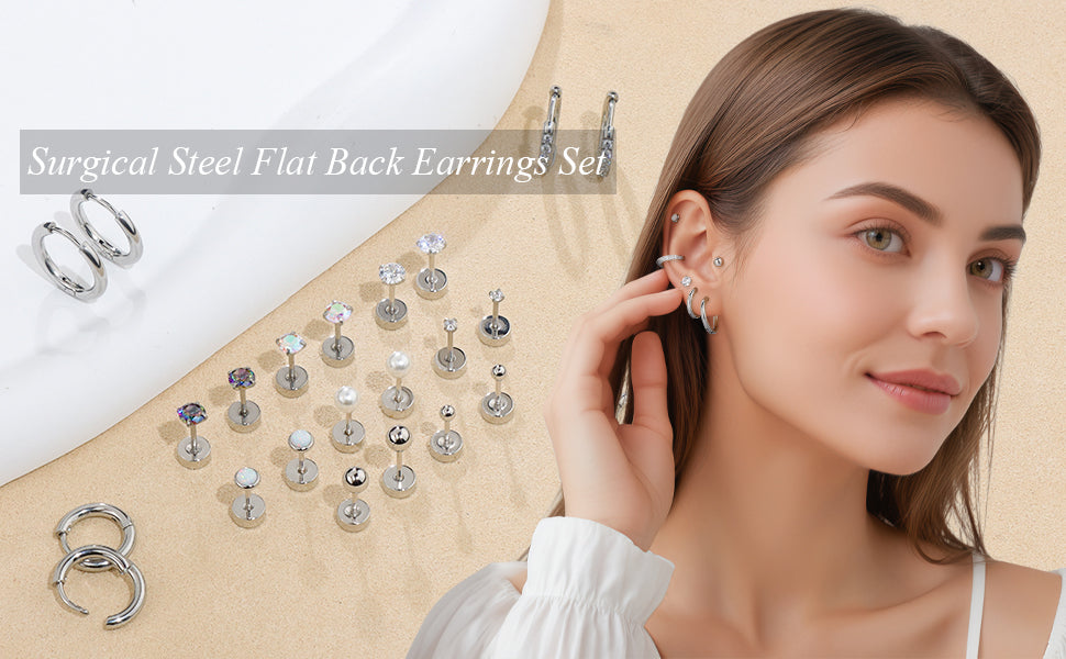 Surgical Steel Flat Back Earrings Set of 7 Hypoallergenic Earrings