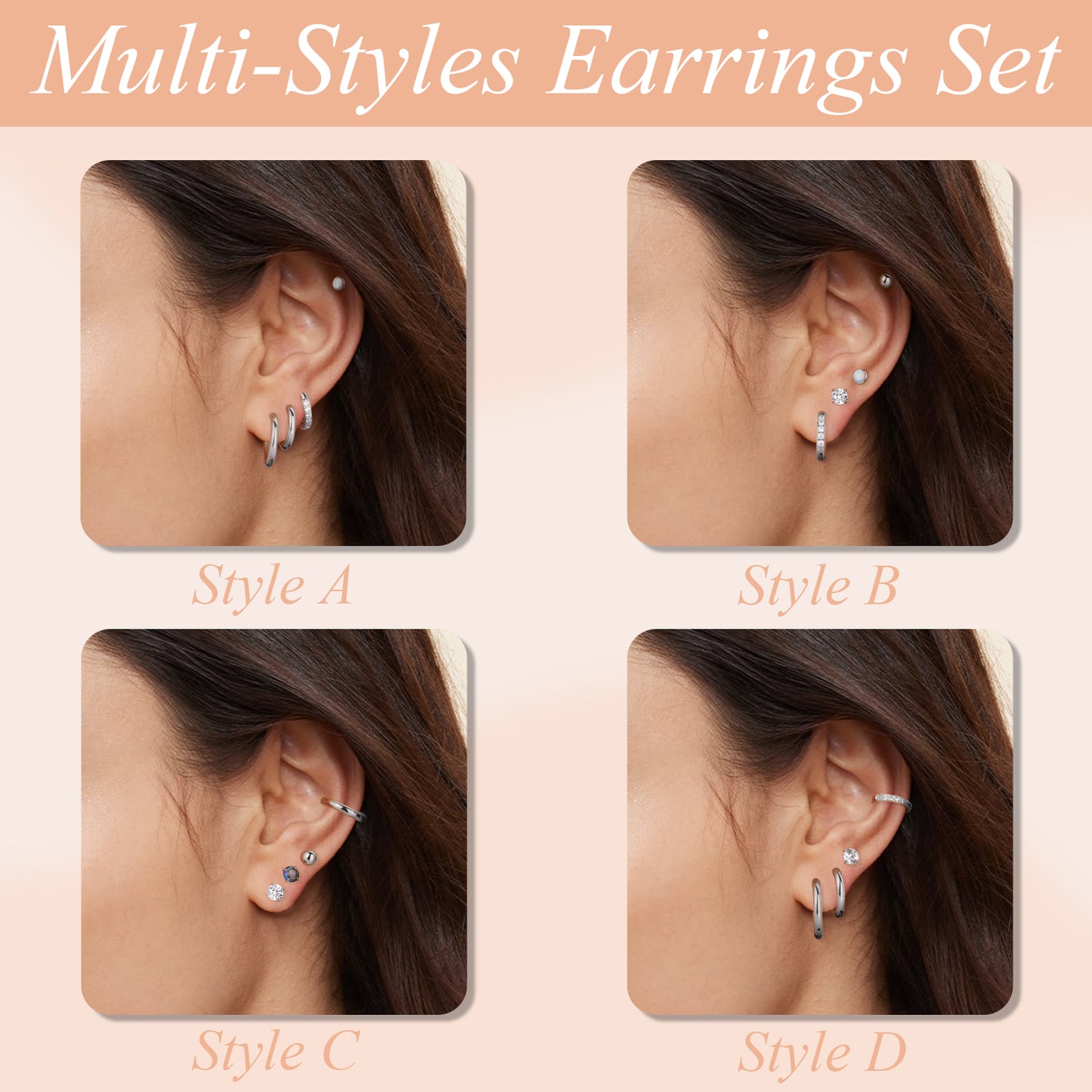 Surgical Steel Flat Back Earrings Set of 7 Hypoallergenic Earrings