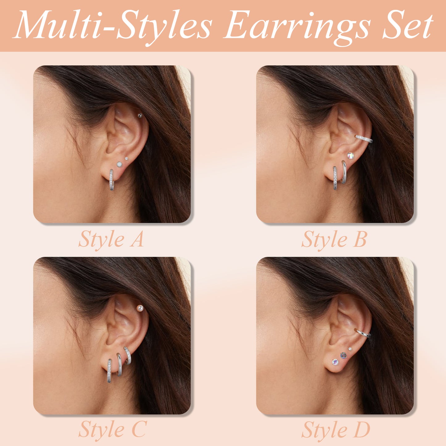 Surgical Steel Flat Back Earrings Set of 12 Hypoallergenic Earrings