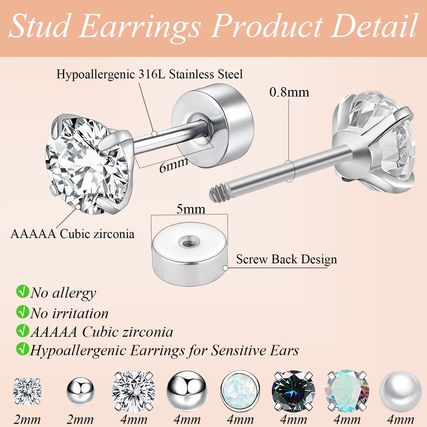 Surgical Steel Flat Back Earrings Set of 12 Hypoallergenic Earrings