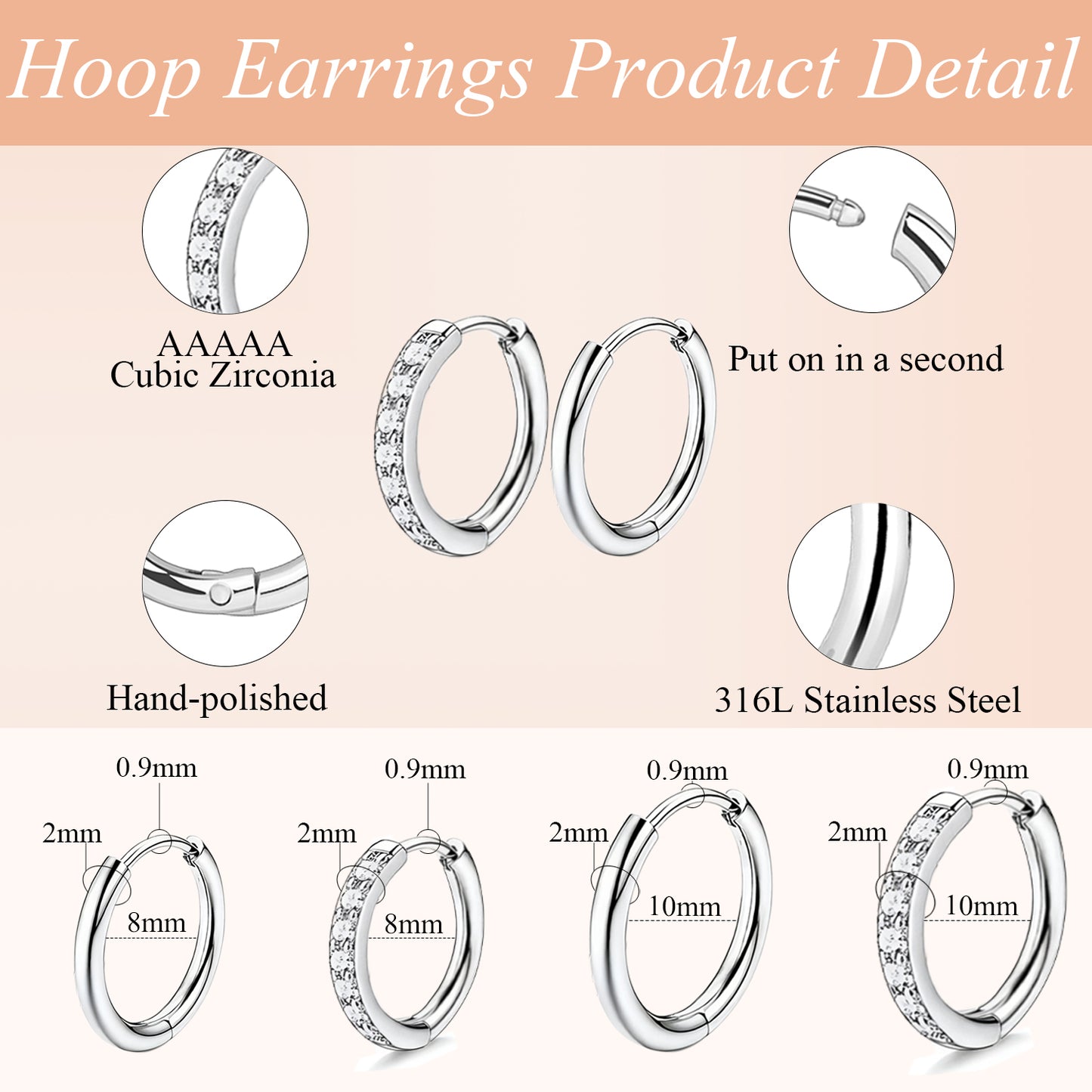 Surgical Steel Flat Back Earrings Set of 12 Hypoallergenic Earrings