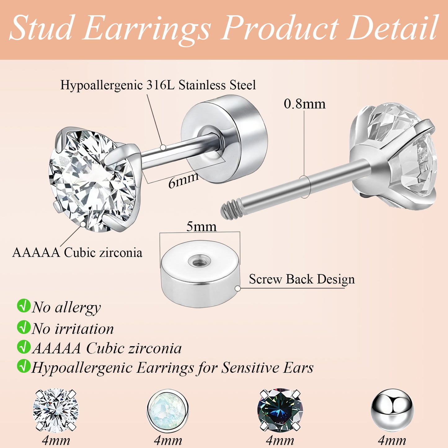 Surgical Steel Flat Back Earrings Set of 7 Hypoallergenic Earrings