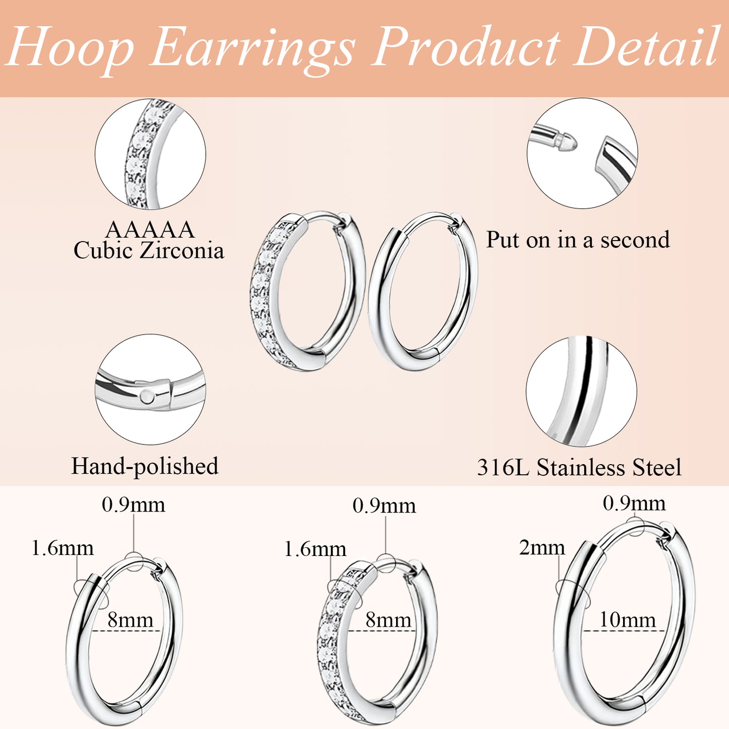 Surgical Steel Flat Back Earrings Set of 7 Hypoallergenic Earrings